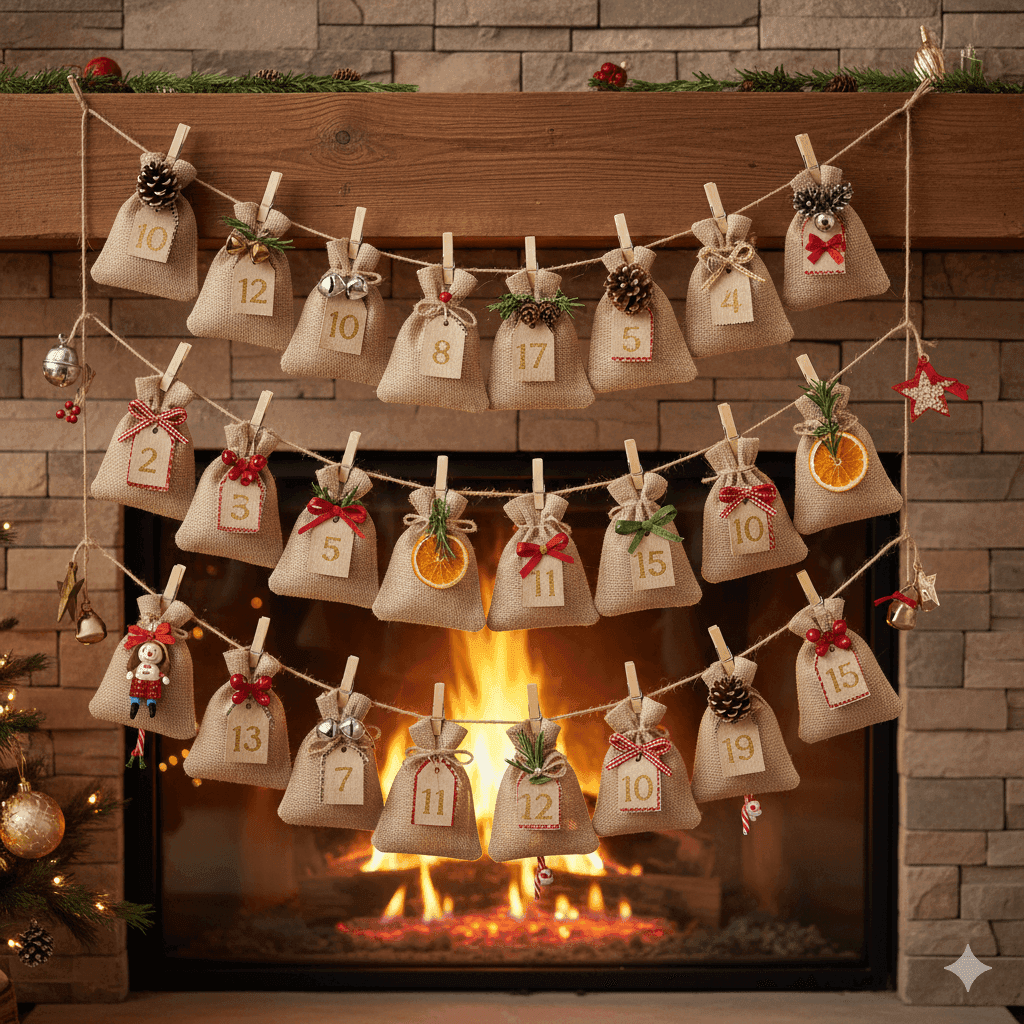 Calendario de Adviento casero hecho con bolsitas y adornos