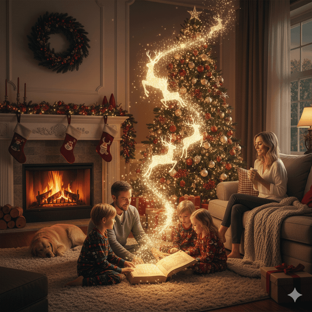 Familia disfrutando rituales mágicos navideños en casa