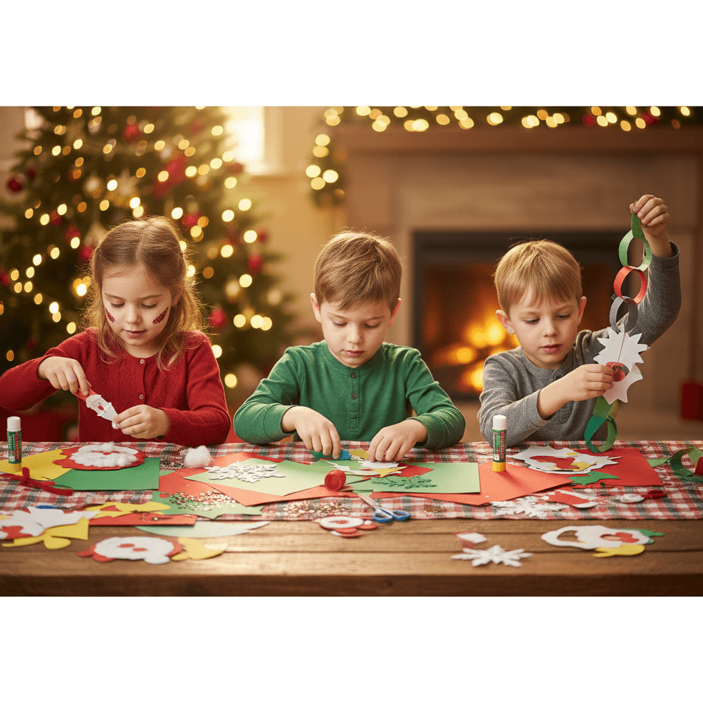 Niños haciendo manualidades navideñas