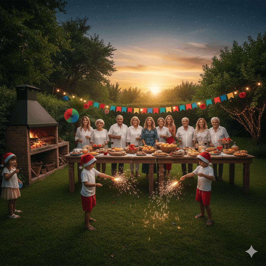 Familia argentina celebrando Navidad al aire libre en verano