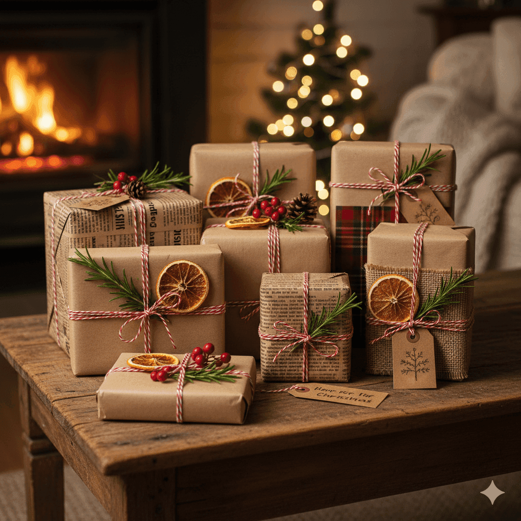Regalos navideños económicos envueltos y decorados