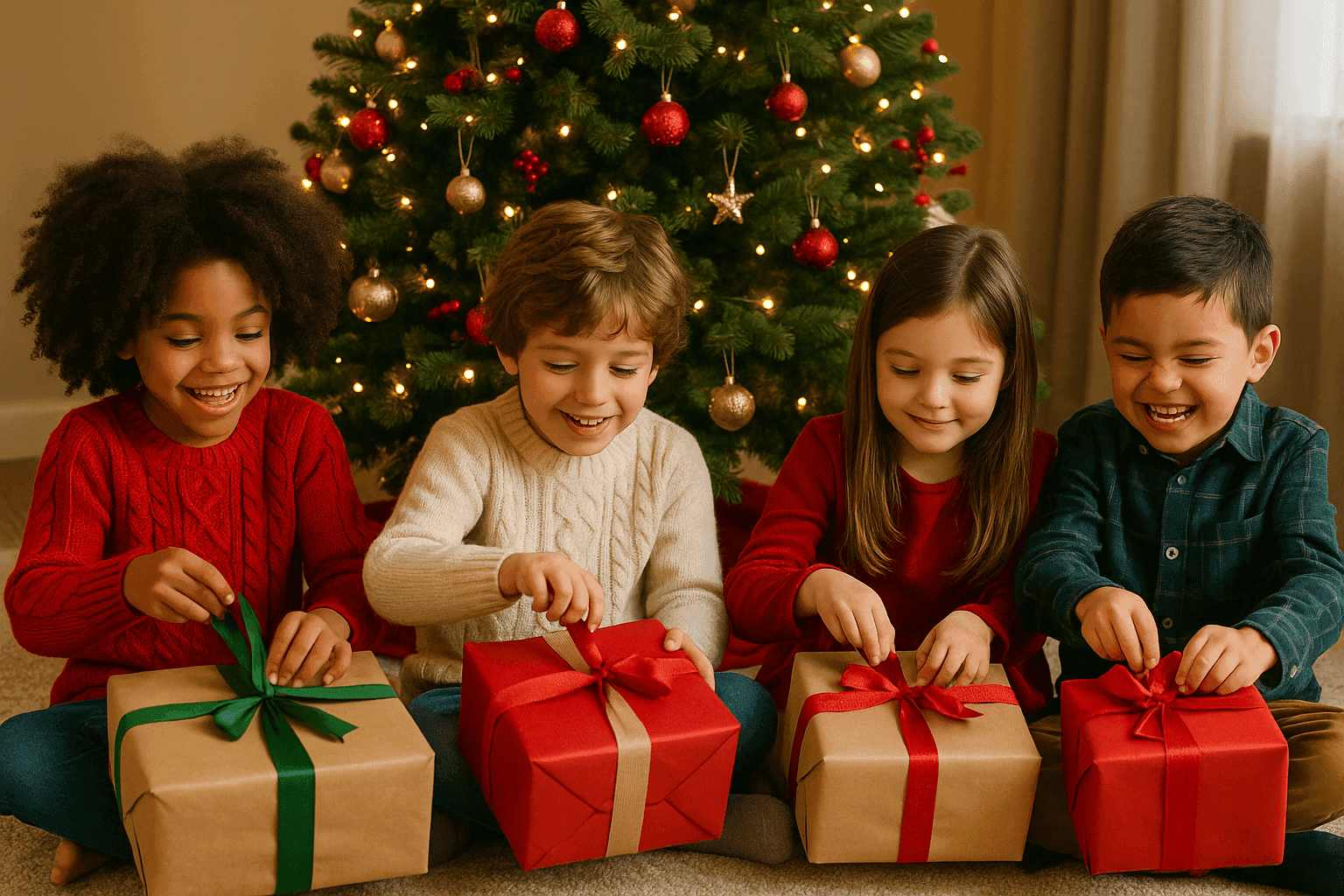 Kids opening Christmas presents under the tree