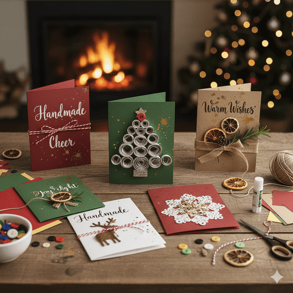 Tarjetas navideñas hechas con materiales simples