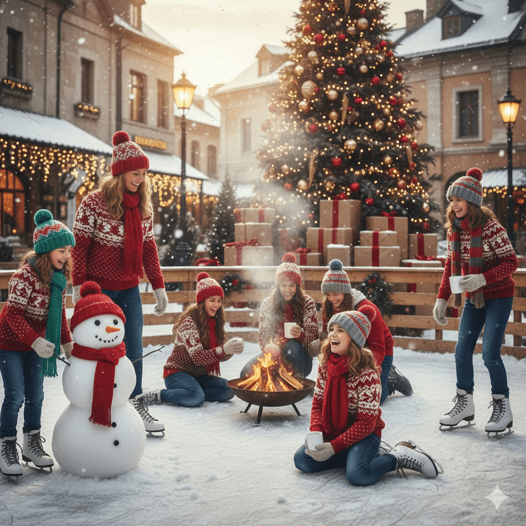Family enjoying outdoor Christmas activities