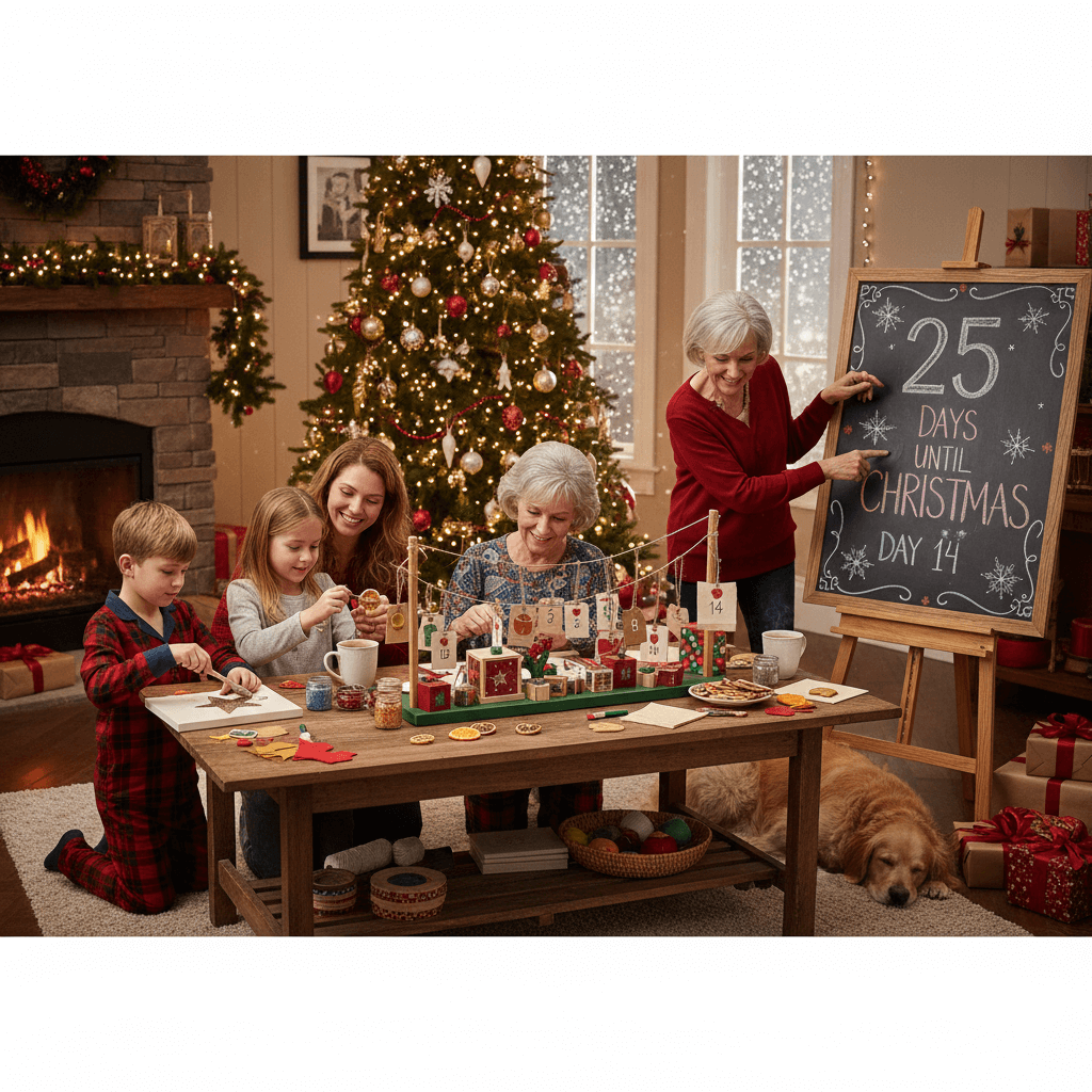 Family using creative activities to count down the days until Christmas