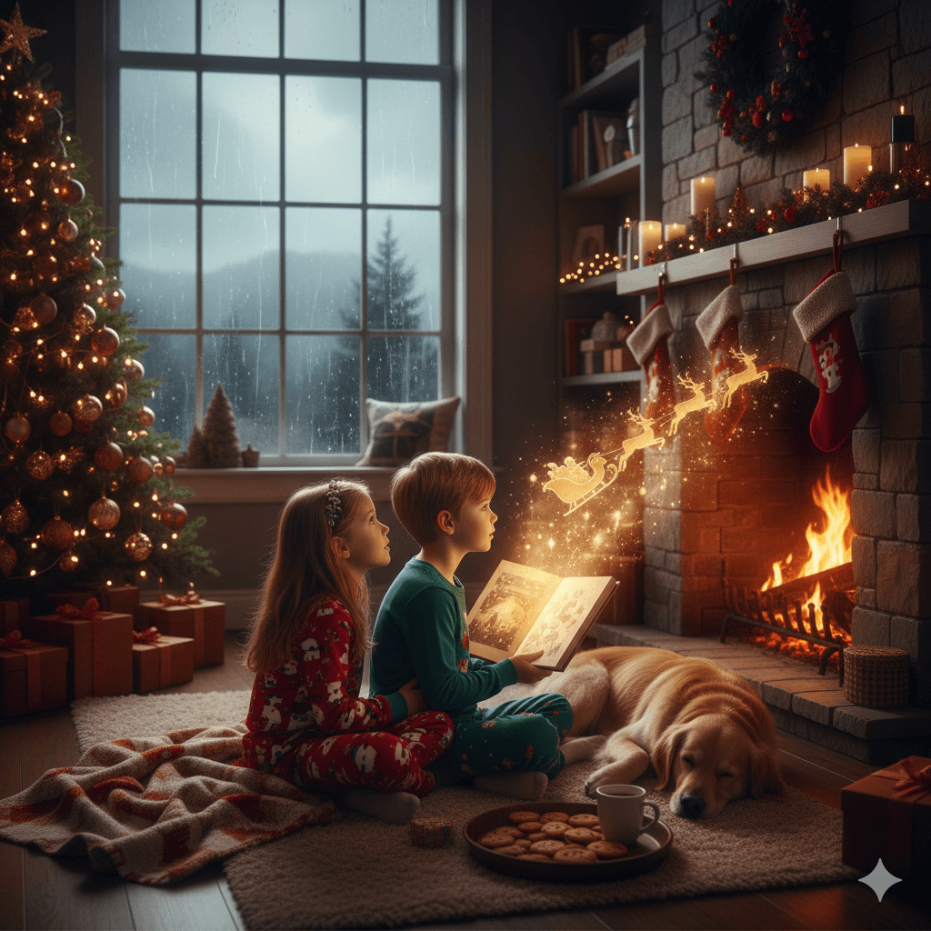 Kids enjoying Christmas activities indoors on a rainy day