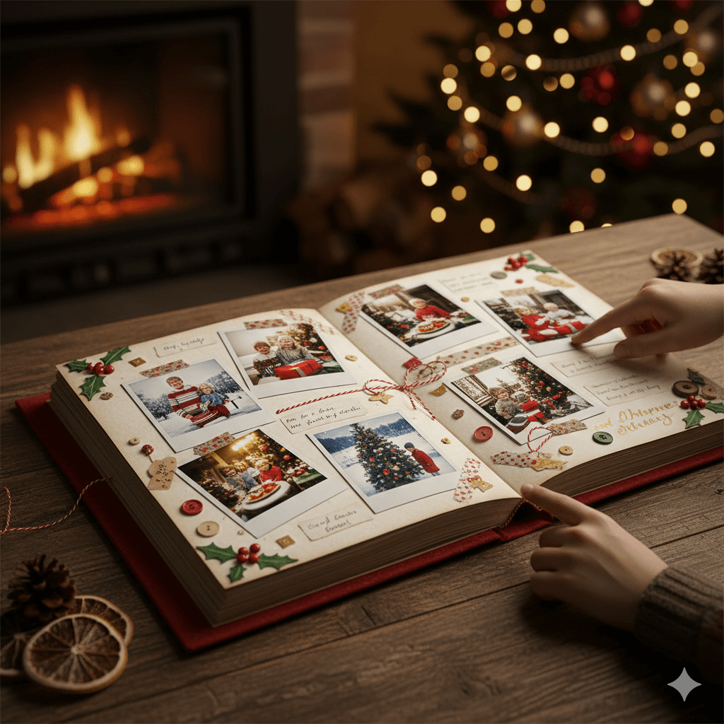 Christmas memory album with photos and decorations