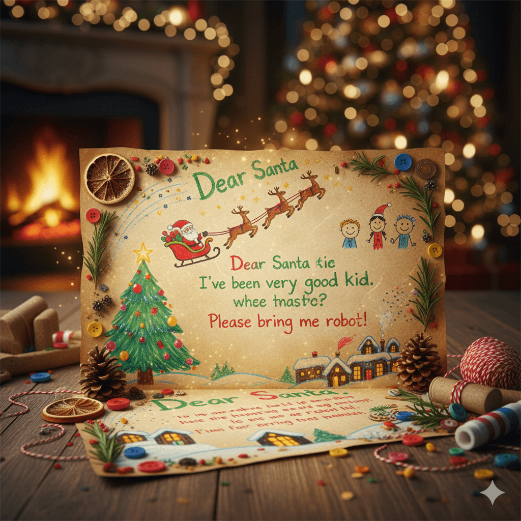 Illustrated Christmas letter with drawings and decorations