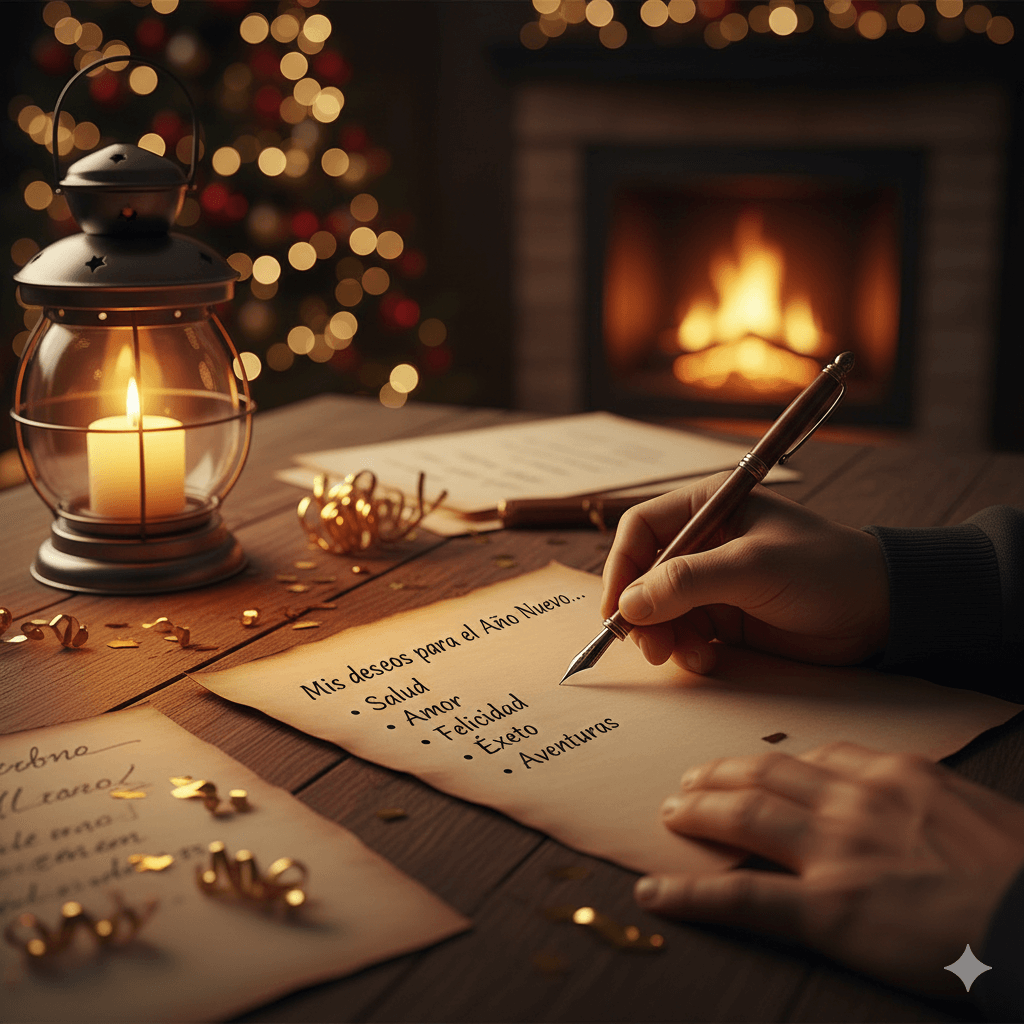 Person writing New Year wishes on paper
