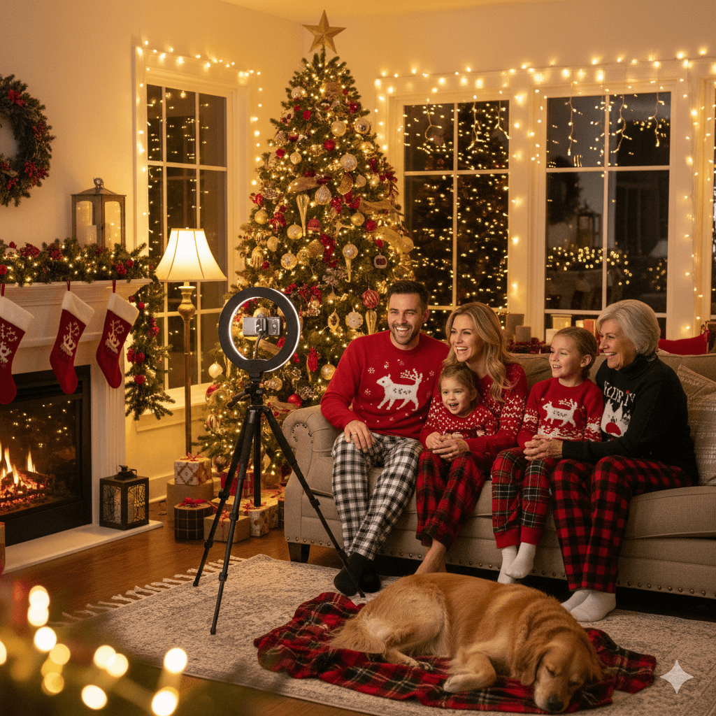 Family taking Christmas photos with warm lights and decorations