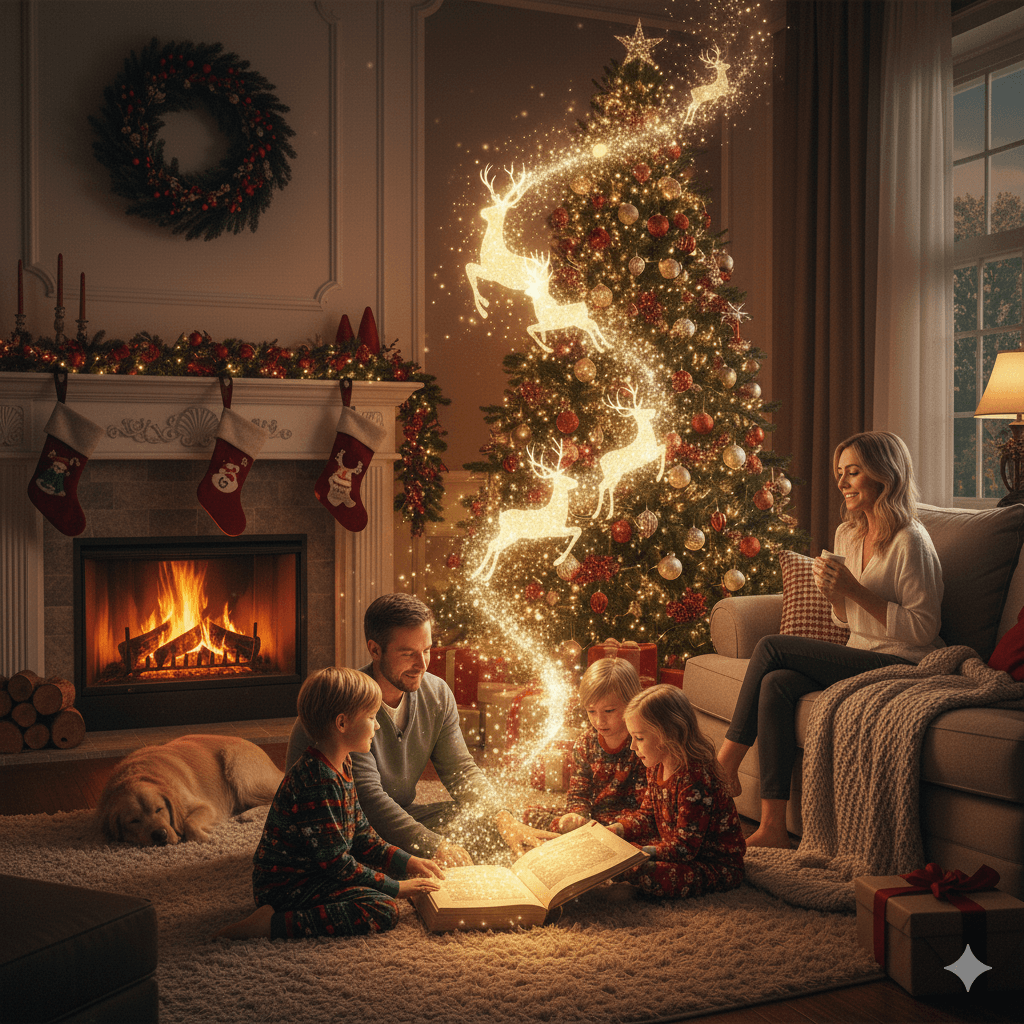 Family enjoying magical Christmas traditions at home