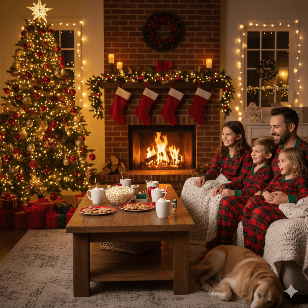 Family enjoying a Christmas-themed night at home