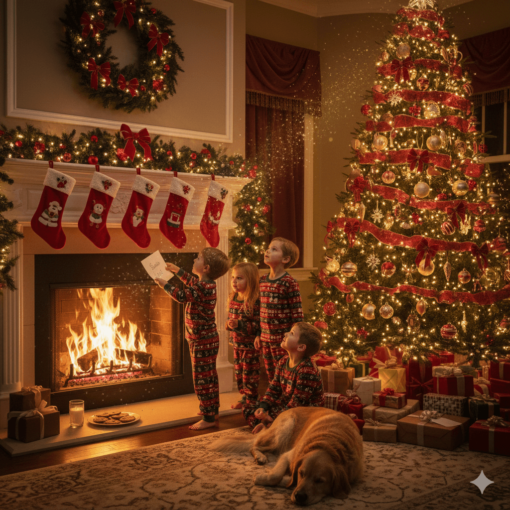 Kids celebrating Christmas Eve with family traditions