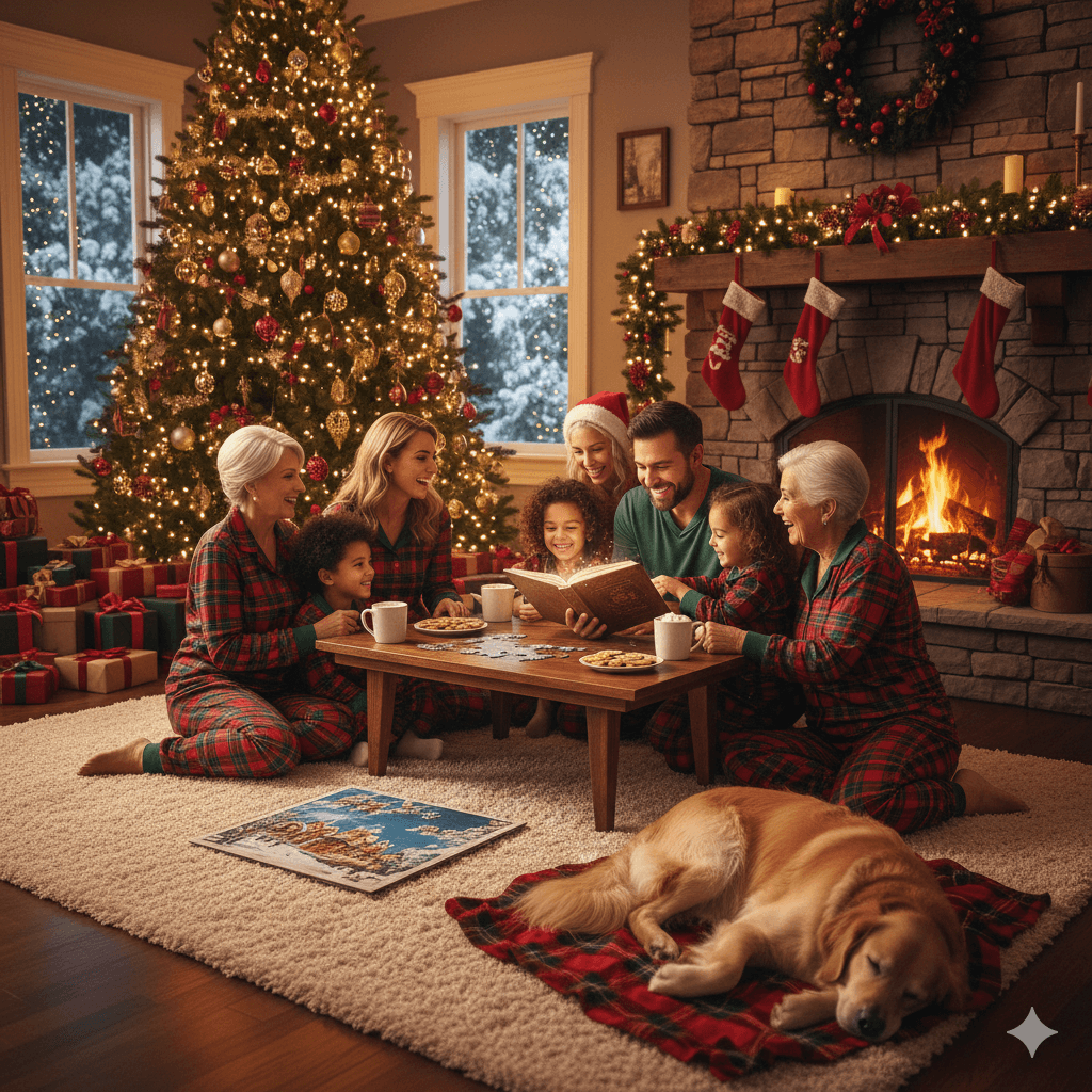 Family enjoying a cozy Christmas afternoon together